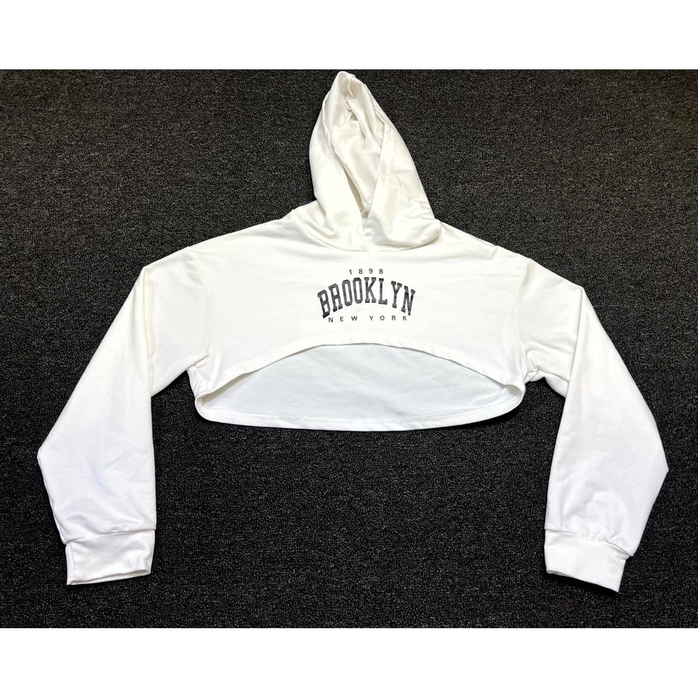 Shein Teen Cropped Hoodie Girls 15Y White Brooklyn New York 1898 Graphic Print